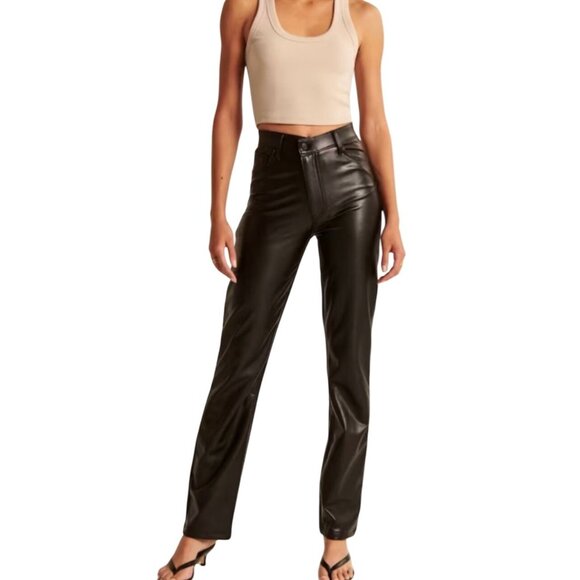 Abercrombie & Fitch Criss Cross 90s Straight High Rise Vegan Leather Black Pants - Picture 1 of 12